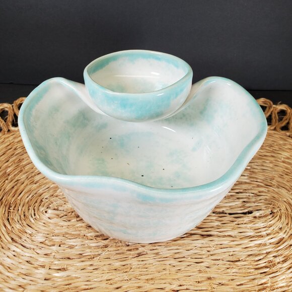 Handmade Studio Pottery Chip & Dip Bowl — Aqua Blue Glaze, Artisan Serveware - Picture 10 of 10